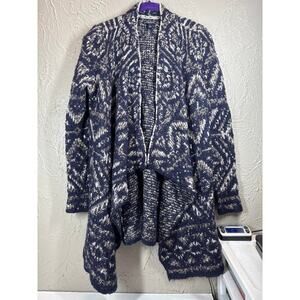 Lucky Brand Wrap Cardigan Womens Blue Intarsia Aztec Boho Open Chunky Size Large